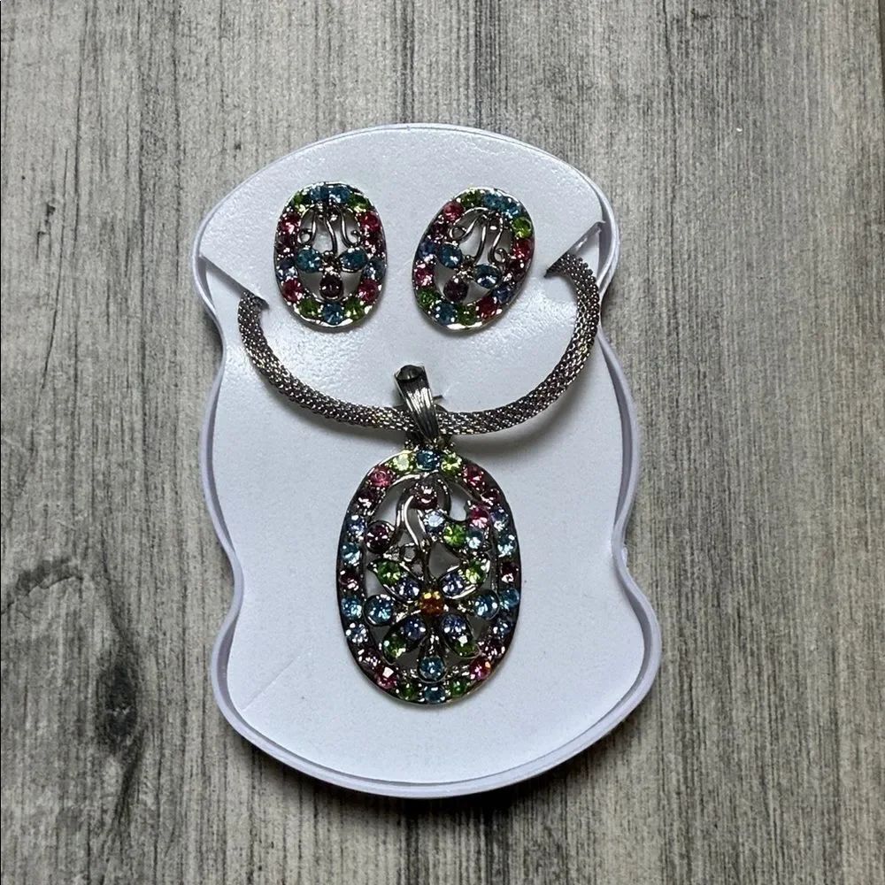 Hind Exports Womens Multicolor Rhinestone Earring with Necklace Set NWT